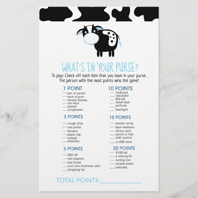 Blue Dairy Cow What's in Your Purse Game (Front)