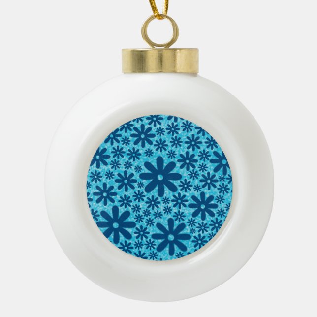 Blue Daisies Ceramic Ball Christmas Ornament (Front)