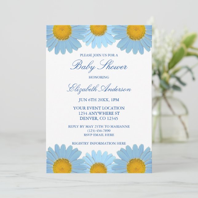 Blue Daisies Floral Baby Shower Invitation (Standing Front)