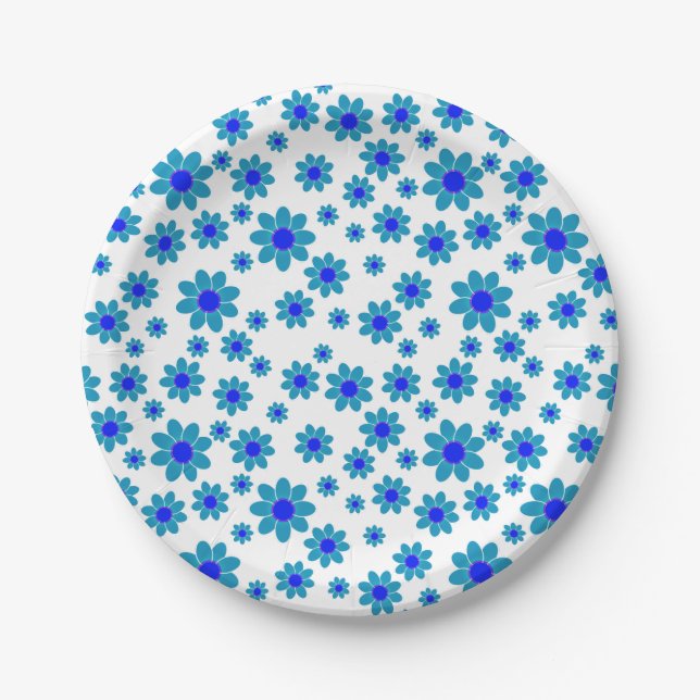Blue Daisies | Floral Repeating Daisy Pattern Paper Plate (Front)