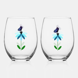 Blue Daisy And Butterfly Wine Glass Set