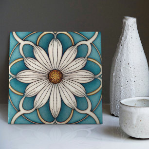 Blue Daisy Art Deco Floral Wall Decor Art Nouveau Tile