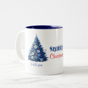 Blue Daisy Christmas Tree Merry Christmas Name Two-Tone Coffee Mug