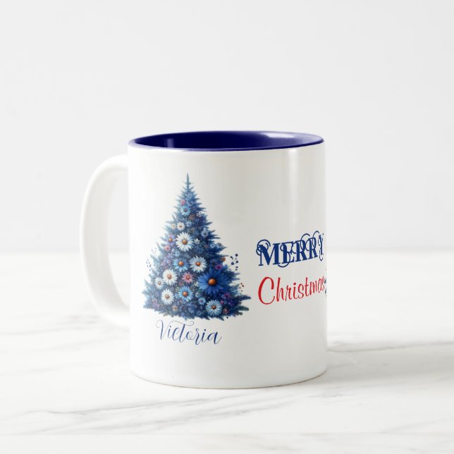 Blue Daisy Christmas Tree Merry Christmas Name Two-Tone Coffee Mug (Front Left)