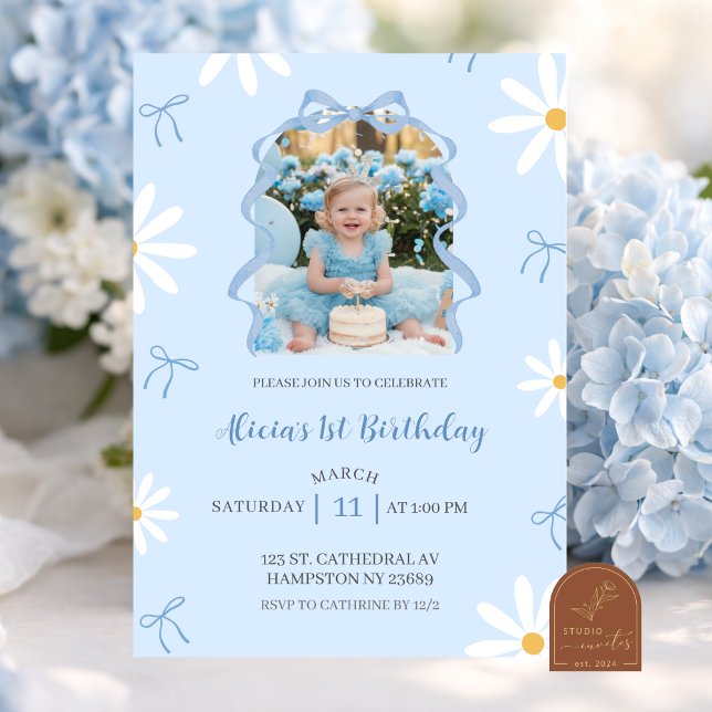 Blue Daisy Coquette Girl 1st Birthday with photo Invitation (Creator Uploaded)