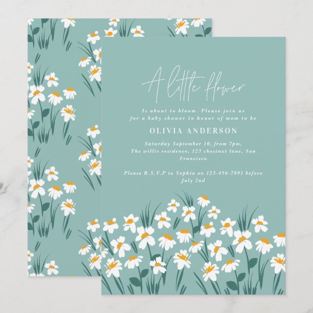 Blue daisy floral elegant beautiful baby shower invitation (Front/Back)