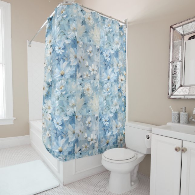 Blue Daisy Floral Patchwork Shower Curtain (In Situ)