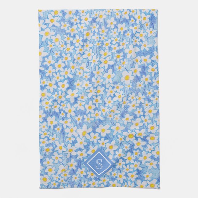 Blue Daisy Floral Pattern Monogram Tea Towel (Vertical)