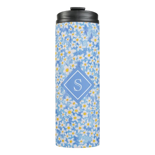 Blue Daisy Floral Pattern Monogram Thermal Tumbler (Front)