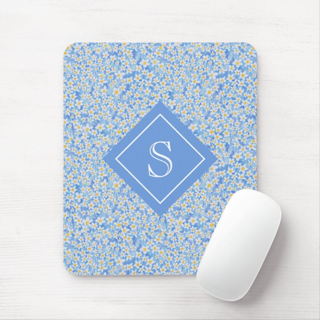 Blue Daisy Floral Pattern Personalised Mouse Mat (With Mouse)