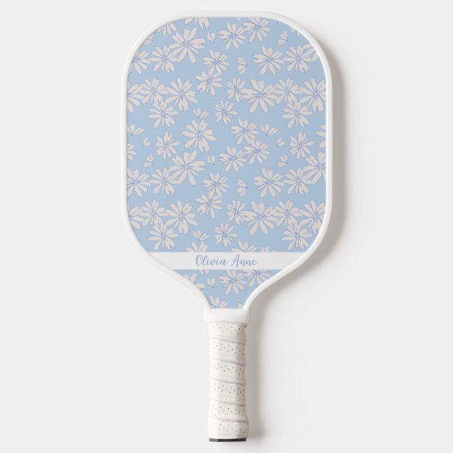 Blue Daisy Floral Pattern Personalised Name Cute Pickleball Paddle (Front)