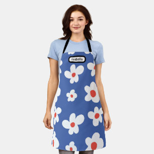 Blue Daisy Floral Pattern Script Name Art Apron