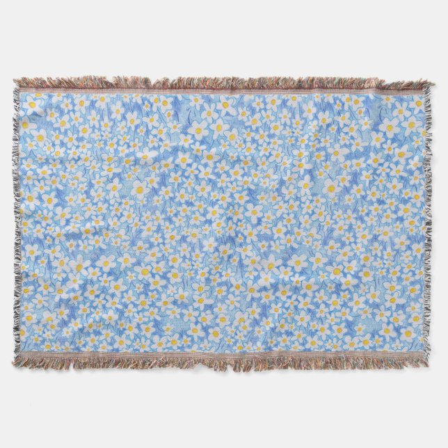 Blue Daisy Floral Pattern Throw Blanket (Front)
