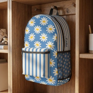 Blue Daisy Floral & Retro Striped Personalised Printed Backpack