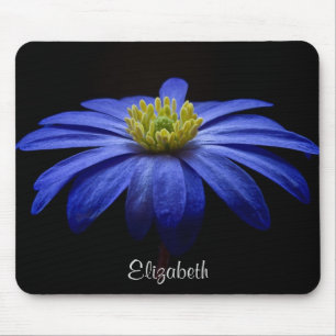 Blue Daisy Flower on Black Personalised Mouse Mat