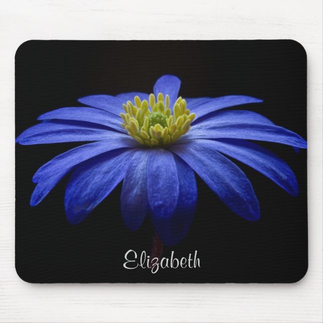 Blue Daisy Flower on Black Personalised Mouse Mat (Front)