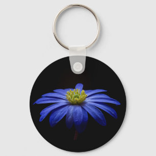 Blue Daisy Gerbera Flower on a Black background Key Ring