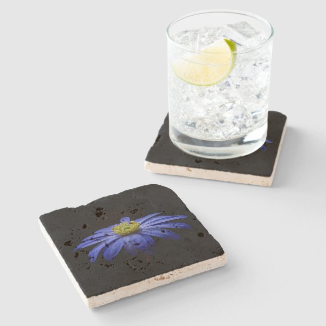 Blue Daisy Gerbera Flower on a Black background Stone Coaster (Side)
