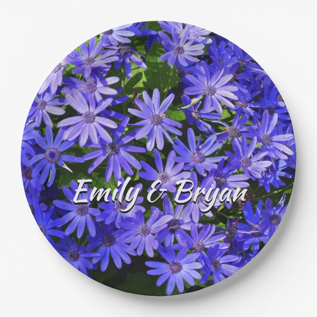 Blue Daisy-like Flowers Nature Photography Paper Plate (Front)