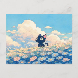 Blue Daisy Meadow Kawaii Black Cat Postcard