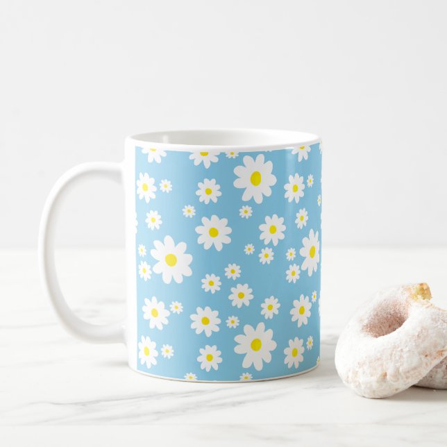 Blue Daisy Pattern Spring Coffee Mug (With Donut)
