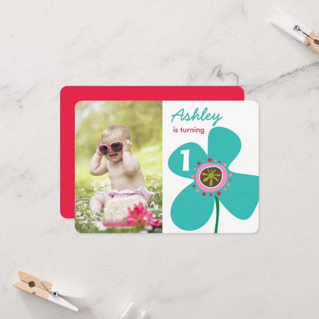 Blue Daisy Pop Flower Cute Photo Girl 1st Birthday Invitation (Front/Back In Situ)