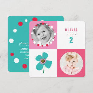 Blue Daisy Pop Squares Girl Birthday Photo Invite
