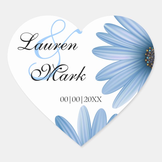 Blue Daisy Save the Date Heart Sticker (Front)