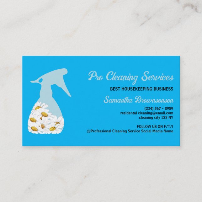 Blue Daisy Spray Bottle Cleaning Service gardening Business Card (Front)