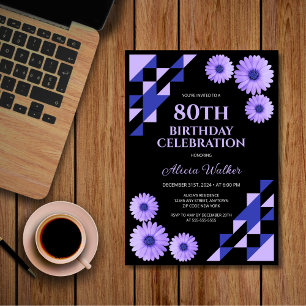 Blue Daisy Triangle Geometric Black Birthday  Invitation