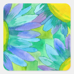 Blue Daisy Watercolor Flowers Square Sticker
