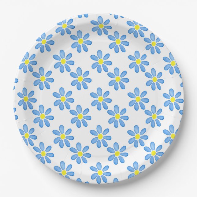 Blue Daisy Watercolor Pattern 2 Paper Plate (Front)