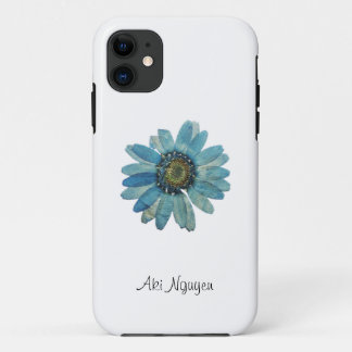 Blue Daisy White background with Change Name  iPhone 11 Case
