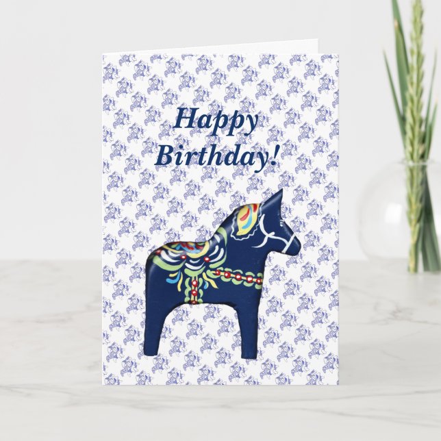 Blue Dala Horse Birthday Card (Front)