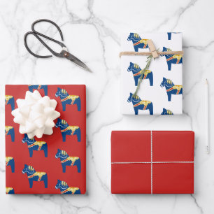 Blue Dala Horse Wrapping Paper Flat Sheet Set of 3