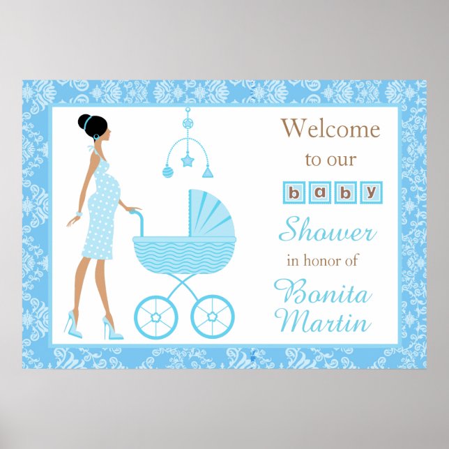 Blue Damask African American Woman Baby Shower Poster (Front)