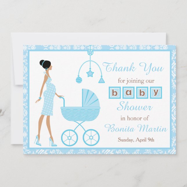 Blue Damask African American Woman Baby Shower Thank You Card (Front)