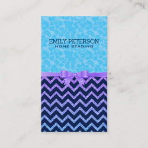 Blue Damask And Chevron And Colourful Glitter Business Card