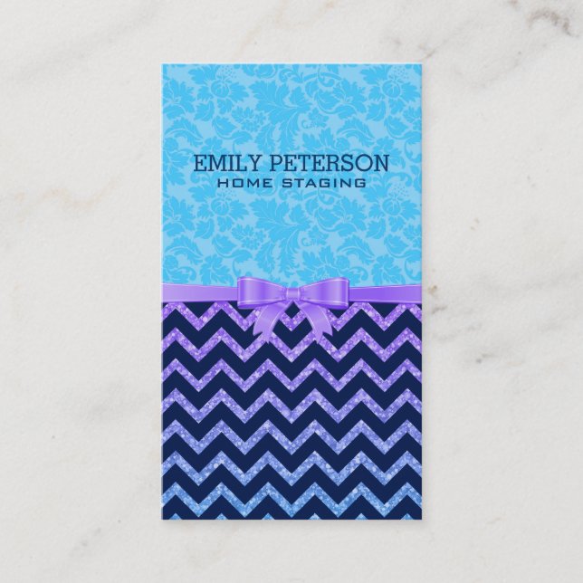 Blue Damask And Chevron And Colourful Glitter Business Card (Front)