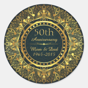 Blue Damask and Gold 50th Wedding Anniversary Classic Round Sticker