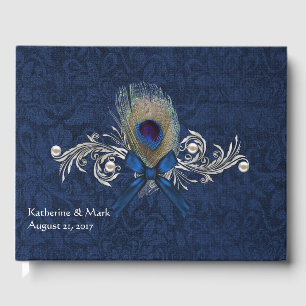 Blue Damask and Peacock Feather Wedding Guest Book