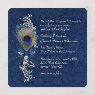 Blue Damask and Peacock Feather Wedding Invitation