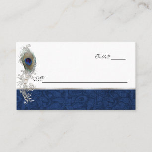 Blue Damask and Peacock Feather Wedding Place Card