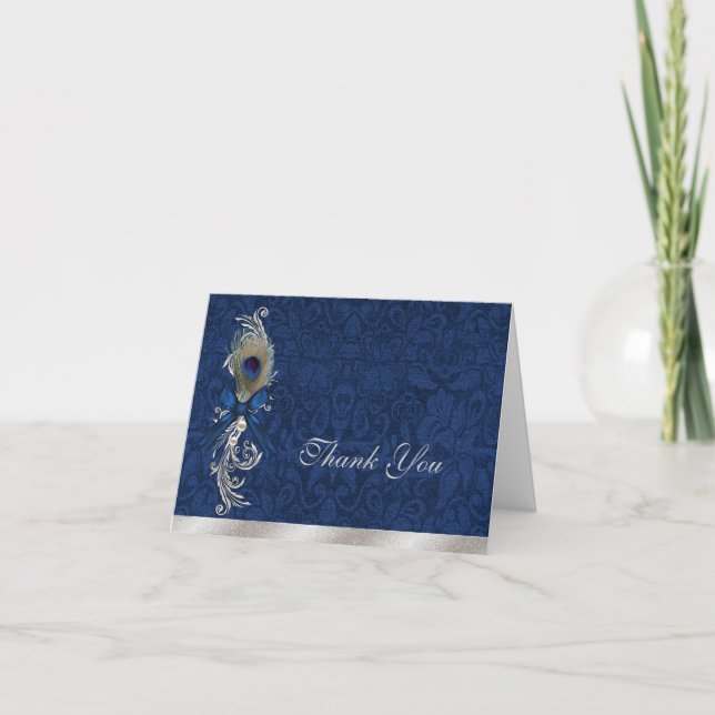 Blue Damask and Peacock Feather Wedding Thank You Card (Front)