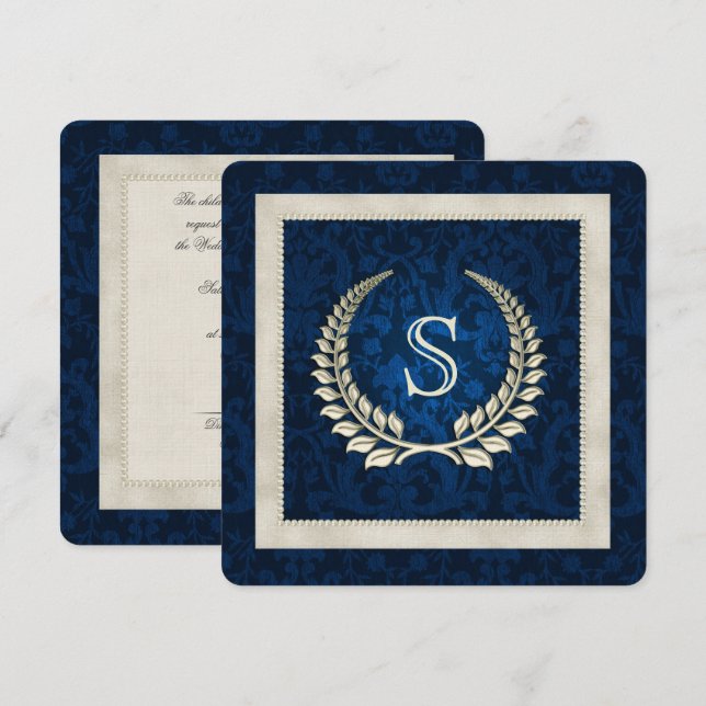 Blue damask and Pearls wedding vow renewal Invitation (Front/Back)