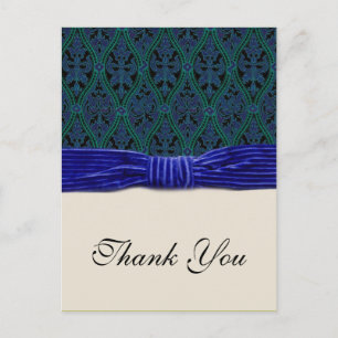 blue damask and ribbon thank you. postcard