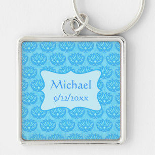 Blue Damask Baby Boy Name Personalised Key Ring