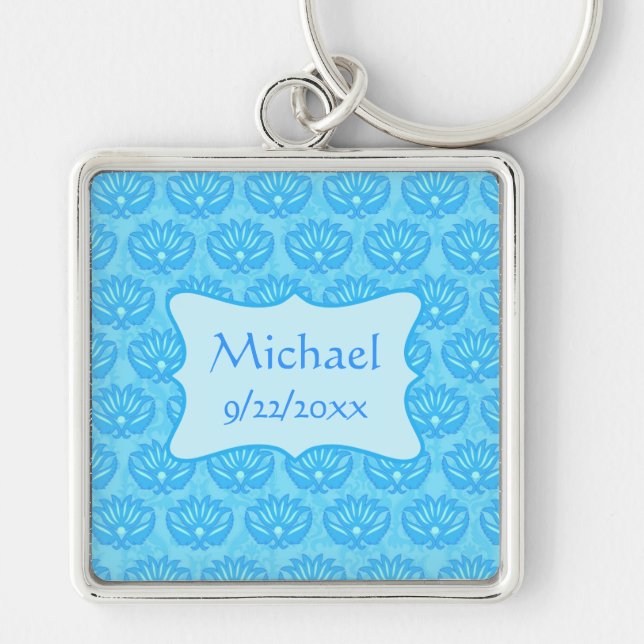Blue Damask Baby Boy Name Personalised Key Ring (Front)