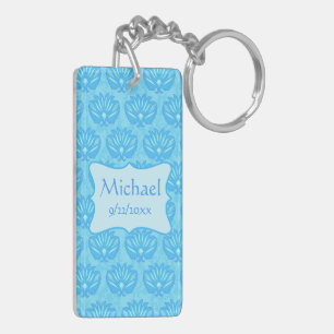 Blue Damask Baby Boy Name Personalised Key Ring