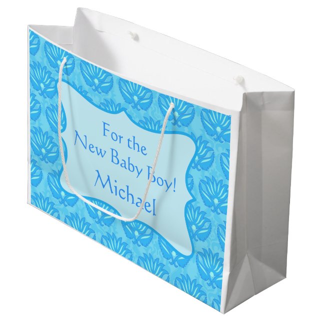 Blue Damask Baby Boy Name Personalised Large Gift Bag (Front Angled)